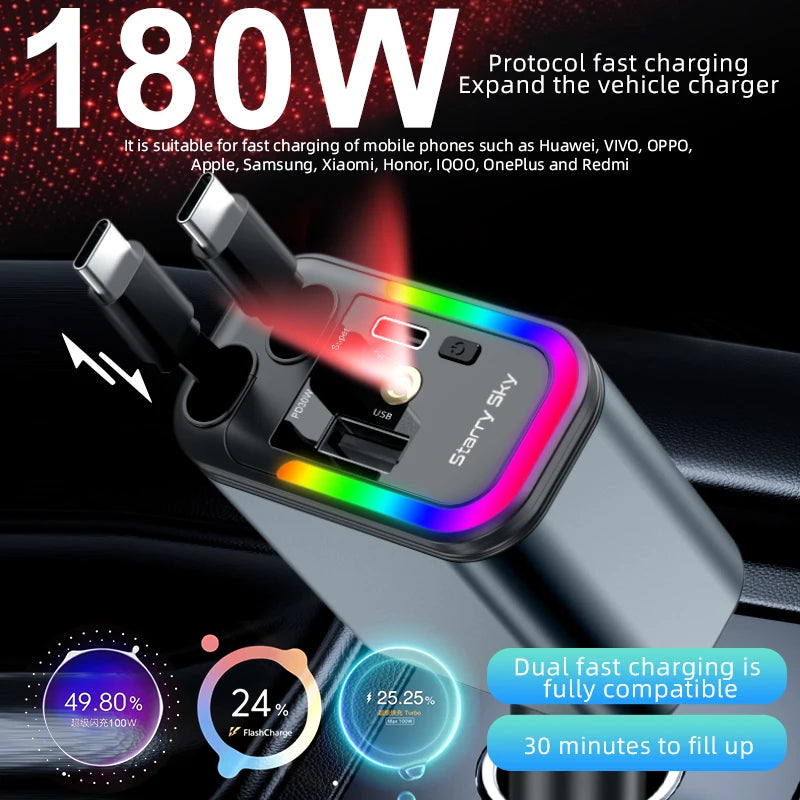 4-in-1 PD30W Retractable Car Charger USB-C & USB-A Fast Charge Retractable Car Charger Axl With starlight lamp