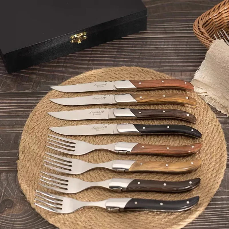 6-Piece Laguiole-Style Steak Knife & Fork Set | Wood Handle Steak Cutlery Set Axl