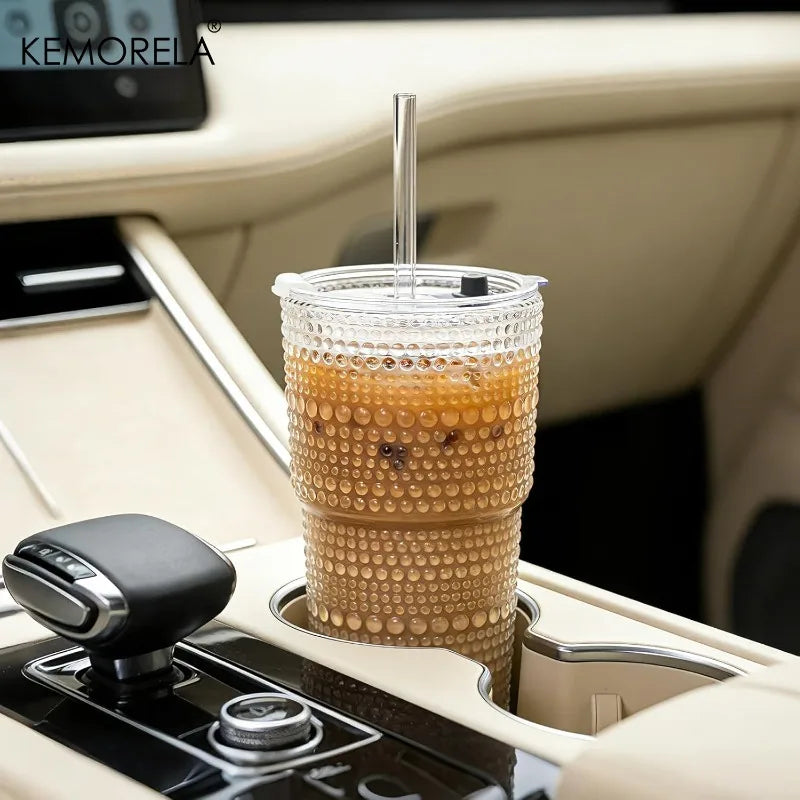 KEMORELA 600ml Hobnail Glass Tumbler with Lid & Straw Glass Tumbler Set Axl