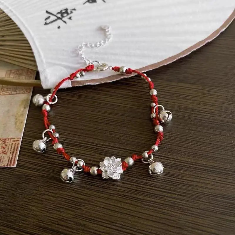 Chinese Style Red Rope Bracelet – Lotus Flower Bell Charm Charm Bracelet Axl