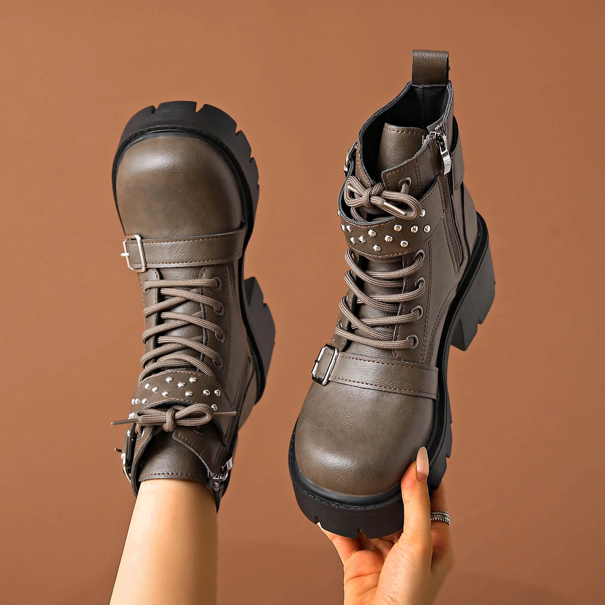 Women's Rivet Mid-Calf Boots – Buckle Strap & Chunky Heel Women's Mid-Calf Boots Axl grey 42