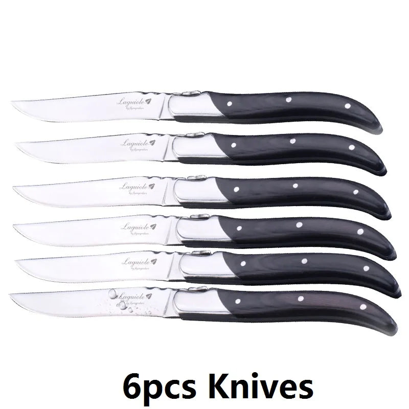 Laguiole-Style Steak Fork Set | Black Wood Handle Stainless Steel Steak Fork Set Axl 6 knives