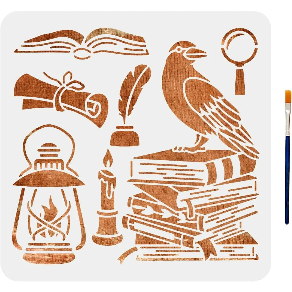 Crow & Book Stencil Set 11.8" – Raven, Candle & Pen Patterns Craft Stencil Set Axl