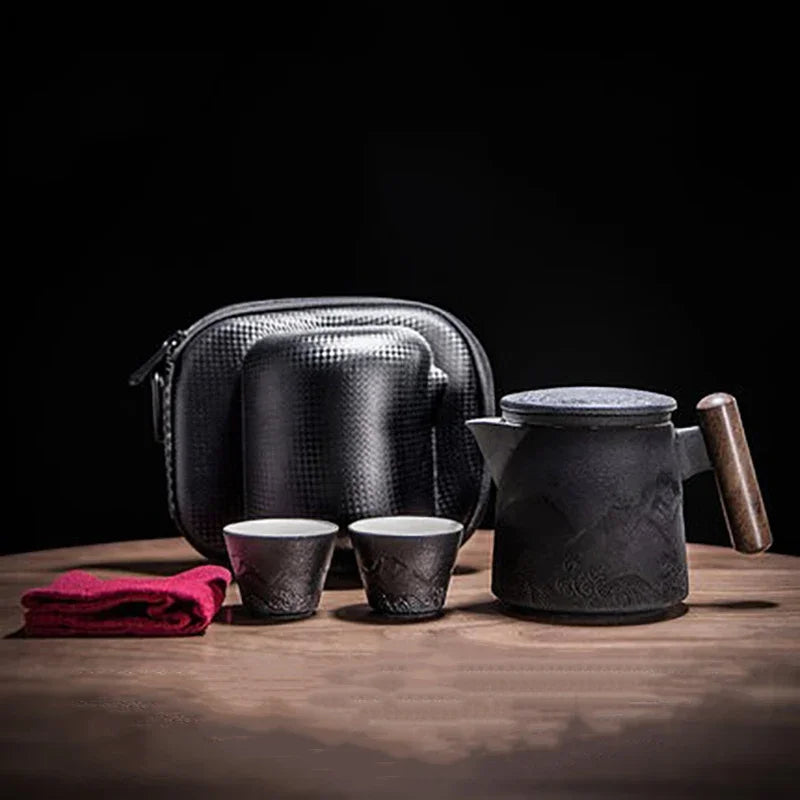 Ceramic Blue Kung Fu Travel Tea Set | Japanese Portable Teapot Kung Fu Tea Set Axl C