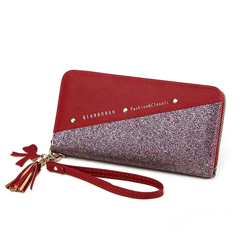 Women's Glitter PU Leather Wallet – Tassel Zipper Clutch Purse Women's Clutch Wallet Axl Wine Red