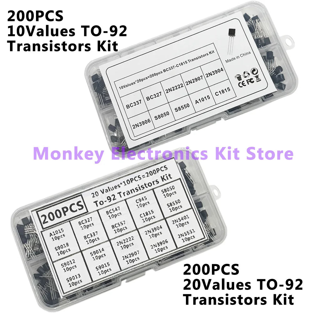 200PCS TO-92 Transistor Kit – 10 Types NPN & PNP BJT Transistor Assortment Kit Axl