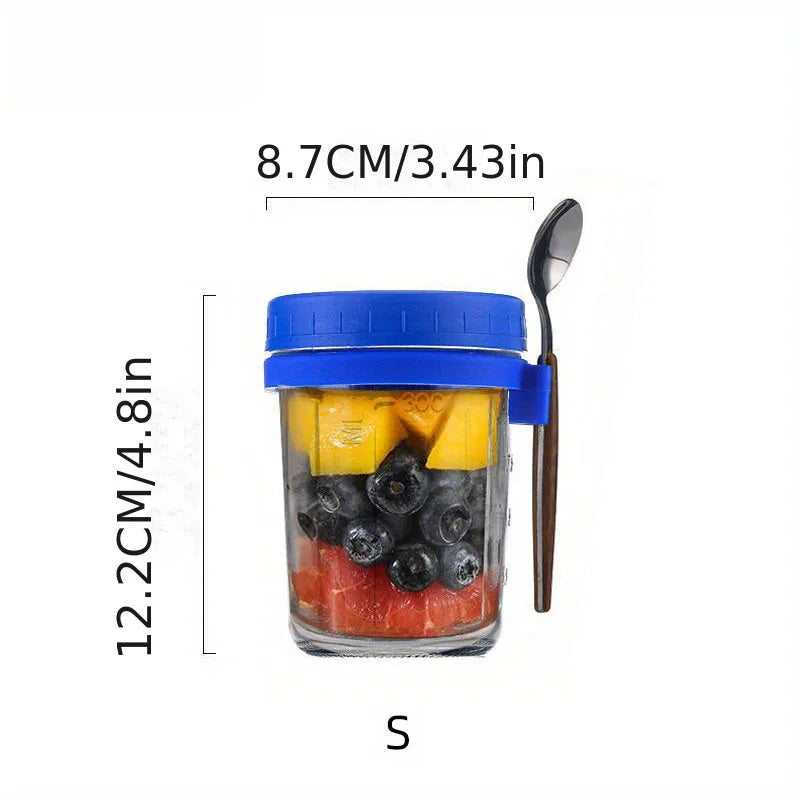 KEMORELA Overnight Oats Glass Cup with Spoon | Mason Tumbler Glass Meal Prep Cup Axl Blue-S