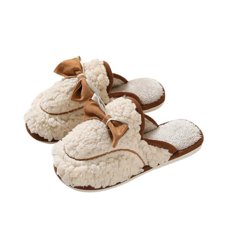 Women's Winter Plush Fur Slippers – Cute Bow Non-Slip Indoor Women's Indoor Slippers Axl