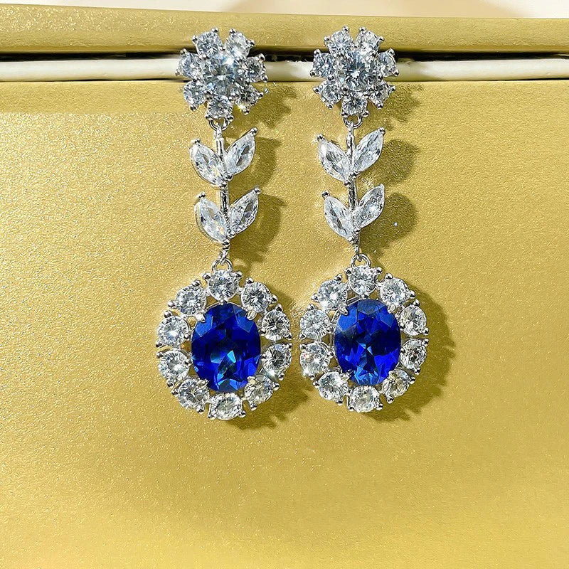 Huitan Flower Dangle Earrings – Blue White CZ Silver Drop Drop Dangle Earrings Axl