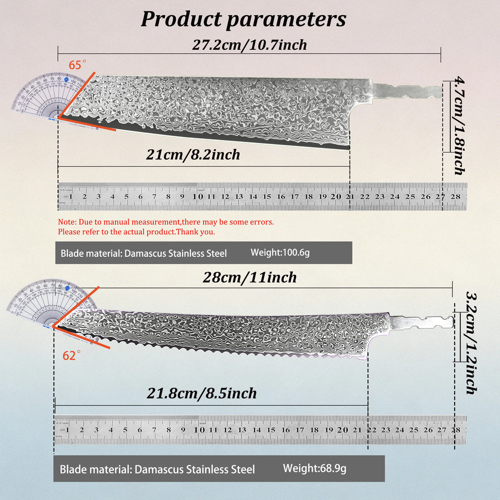 Damascus Steel Kiritsuke & Bread Knife Blade Set | DIY Kit Knife Blade Set Axl