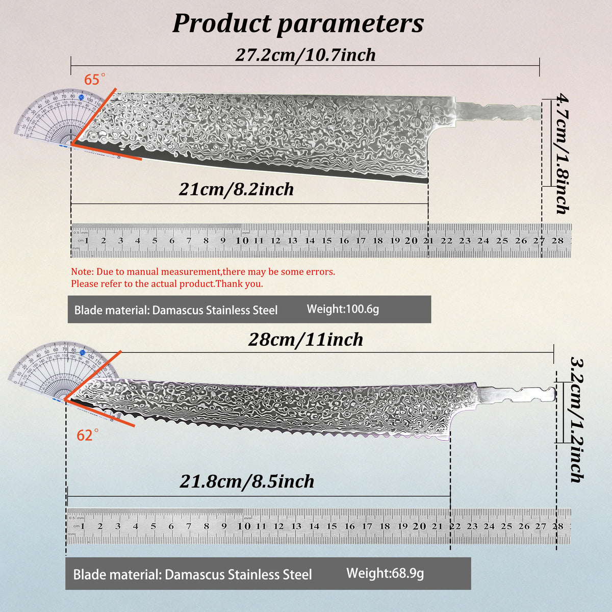 Damascus Steel Kiritsuke & Bread Knife Blade Set | DIY Kit Knife Blade Set Axl
