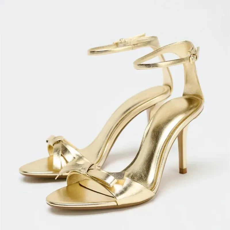 Women's Gold Bow High Heel Sandals – Ankle Strap Stiletto High Heel Sandals Axl