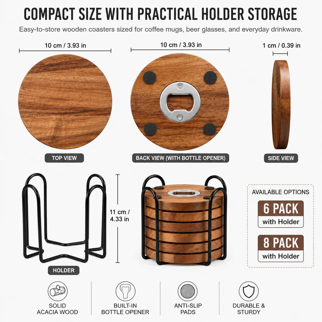 Wooden Coaster with Bottle Opener 2-in-1 | 6 or 8 Pack Bar Coaster Set Axl
