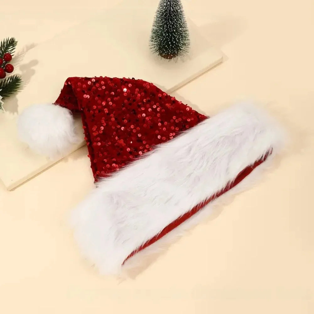 Red Glitter Sequin Santa Hat – Soft Velvet Unisex Xmas Cap Sequin Santa Hat Axl