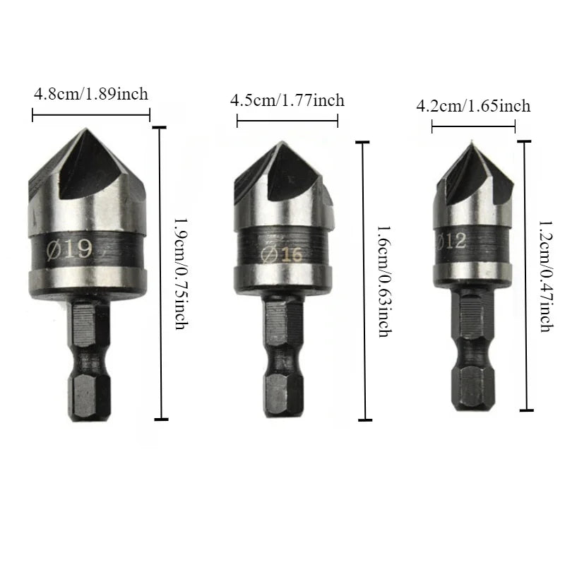 3-Pc Hex Countersink Drill Bit Set – Wood & Metal Quick Change Countersink Drill Bit Set Axl