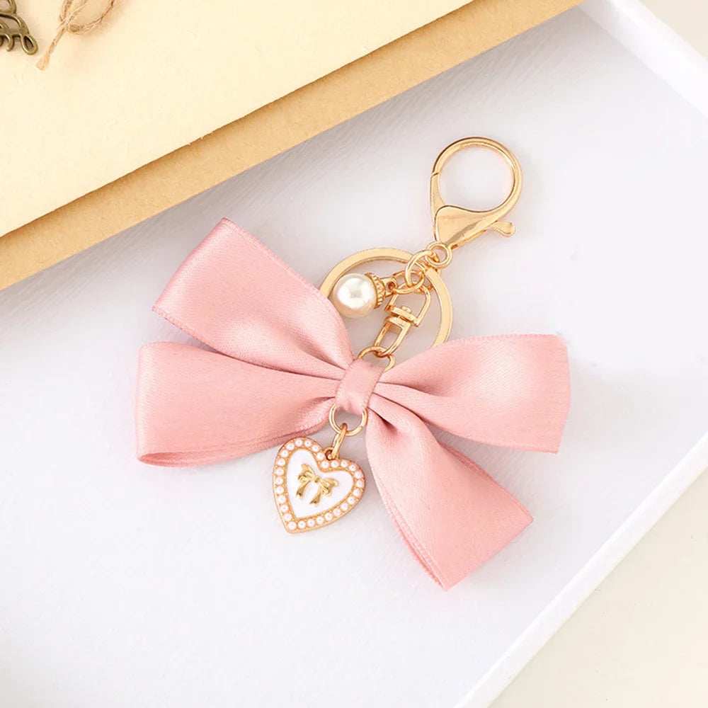 Imitation Pearl Keychain Ribbon Bowknot Bag Charm for Women Fashion Keychain Axl Pink 1pc
