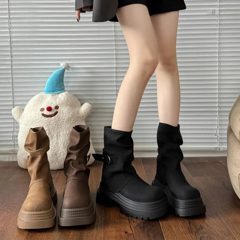 Women's Vintage Platform Knight Boots – Belt Buckle Zip Winter Women's Platform Boots Axl