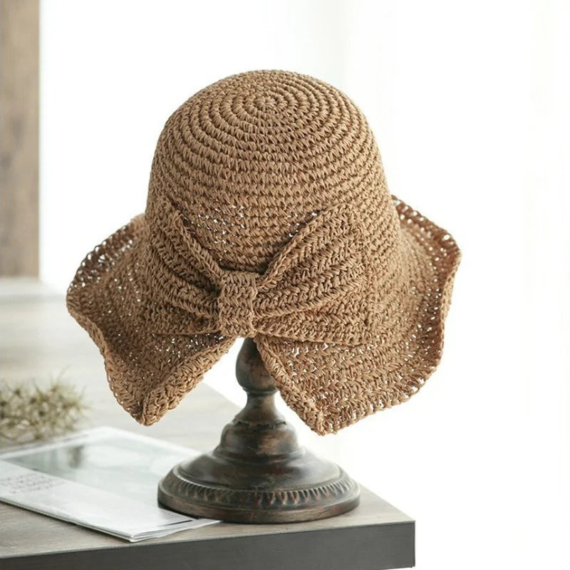 Women's Wide Brim Foldable Straw Beach Sun Hat with Bowknot Straw Sun Hat Axl 2