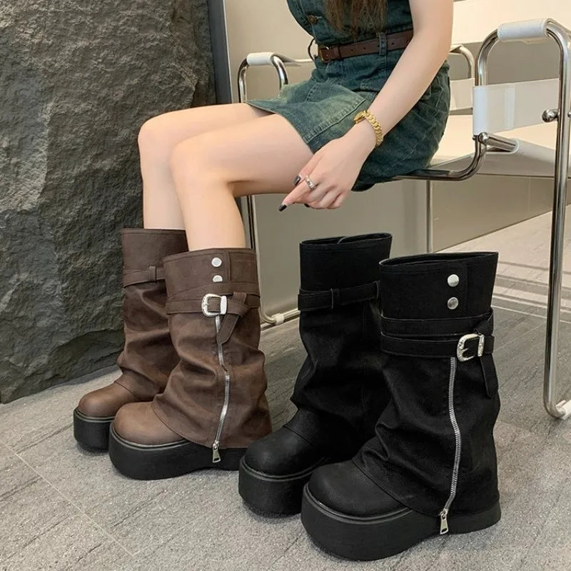 Women's Retro Platform Knight Boots | Side Zipper Mid-Calf Platform Knight Boots Axl