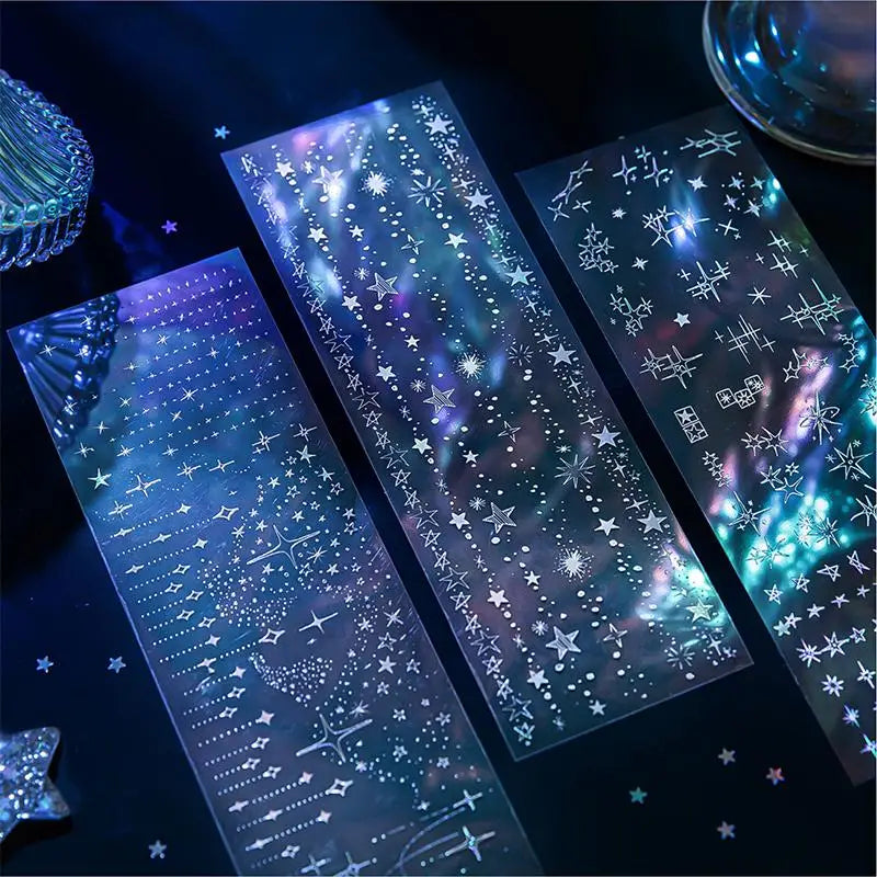Laser Silver PET Stickers – 3-Sheet Aesthetic DIY Scrapbook Pack Decorative Sticker Sheets Axl