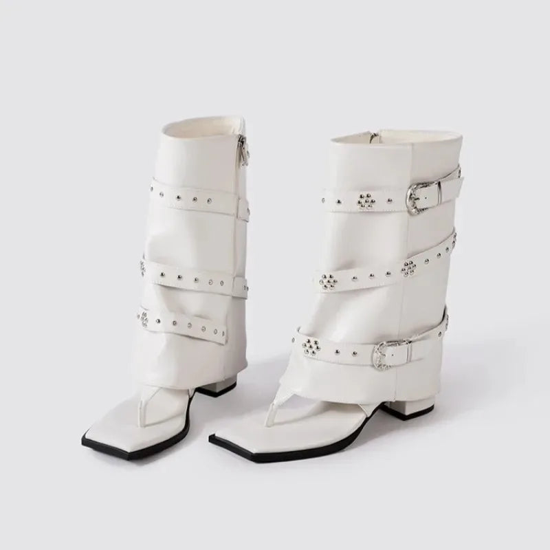 Women's Punk Mid-Calf Boots – Metal Decor Square Heel Leather Mid-Calf Boots Axl