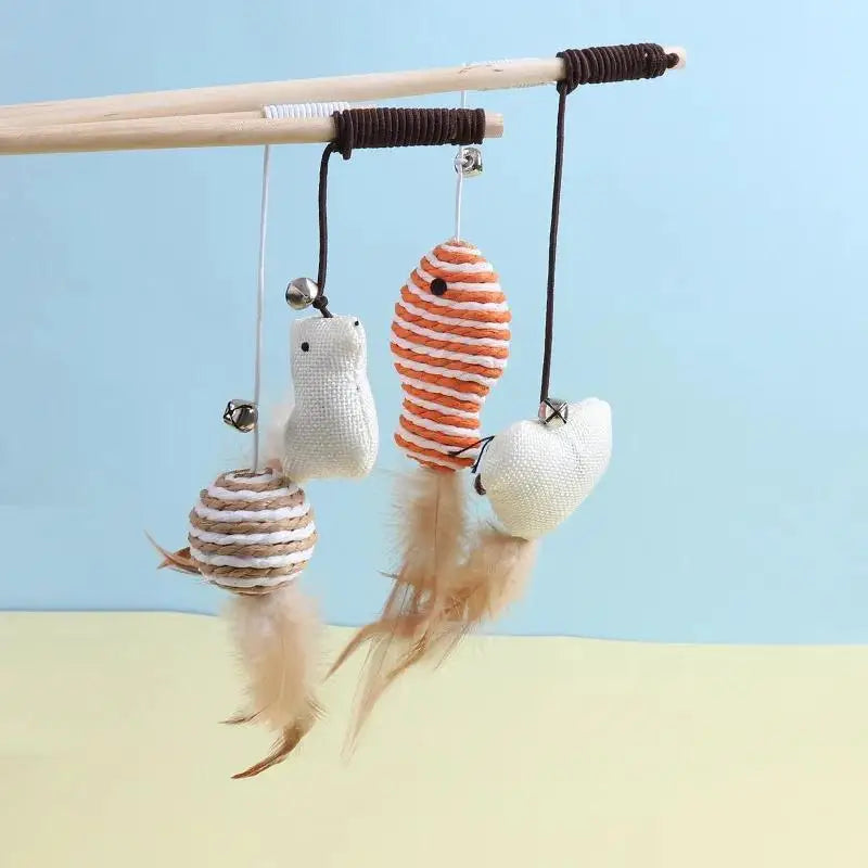 Mouse Shape Wooden Cat Teaser Wand with Feather & Bell Cat Teaser Wand Axl
