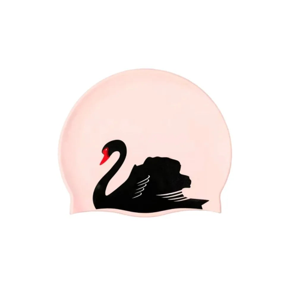 Plus Size Silicone Swim Cap – Printed, Waterproof & Ear Guard Silicone Swim Cap Axl Pink Black Swan