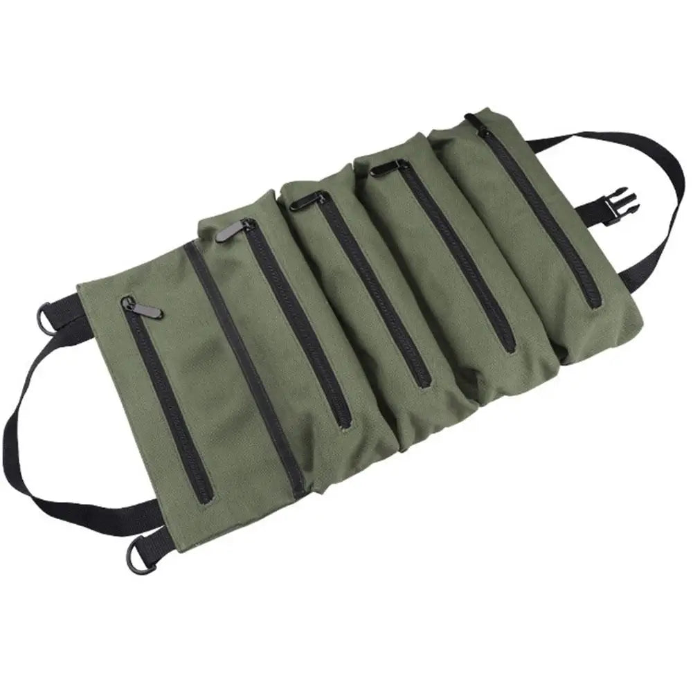 Roll-Up Canvas Fishing Tool Bag – 6 Zip Pockets Organizer Fishing Tackle Bag Axl Green