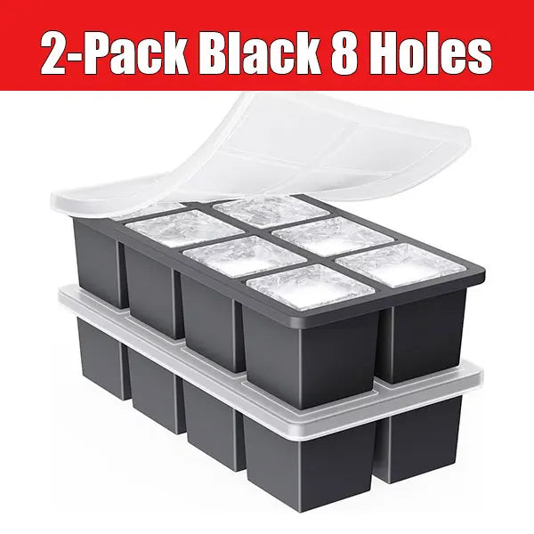 2-Pack Large Silicone Ice Cube Tray with Lid | Whiskey & Cocktails Silicone Ice Cube Tray Axl 2-Pack Black 8 Holes