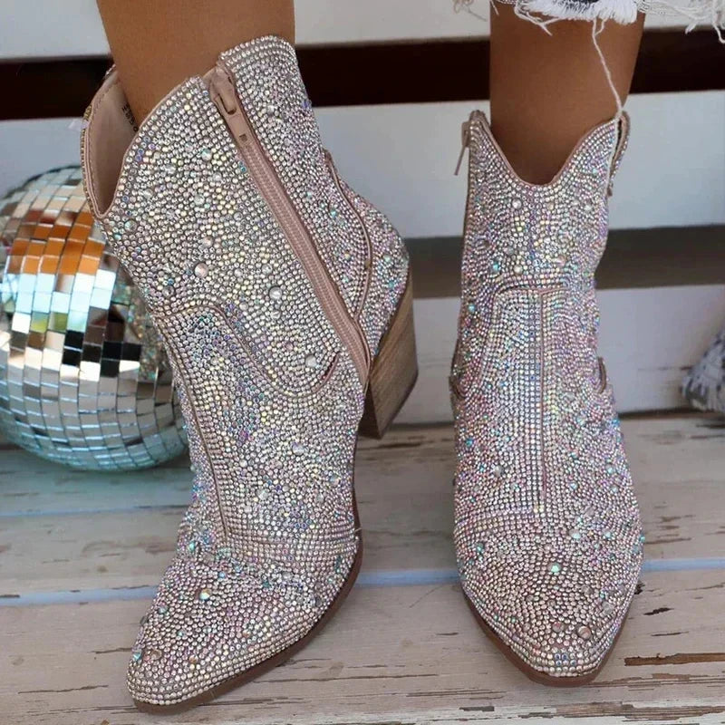 Women's Glitter Cowboy Ankle Boots – Sequin Western High Heel Women's Ankle Boots Axl