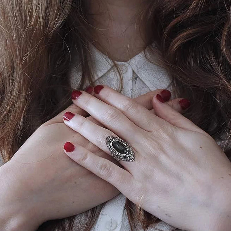 Huitan Black Stone Oval Ring – Vintage Women's Fashion Ring Fashion Ring Axl