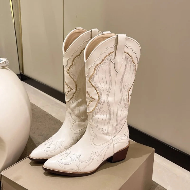 Women's Embroidered Western Cowboy Boots – Square Heel Pointed Toe Western Cowboy Boots Axl Beige 41