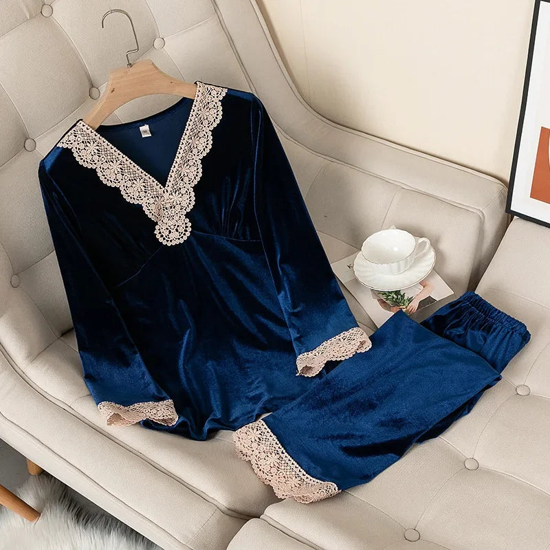 Women's Velvet Pajama Set – Long Sleeve Lace Trim Sleepwear Velvet Pajama Set Axl dark blue-2 L