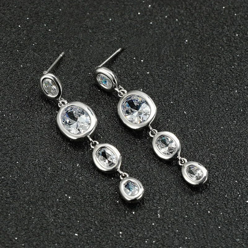 Huitan Long Drop Earrings – Oval CZ Silver Bridal Jewelry Drop Earrings Axl E2904