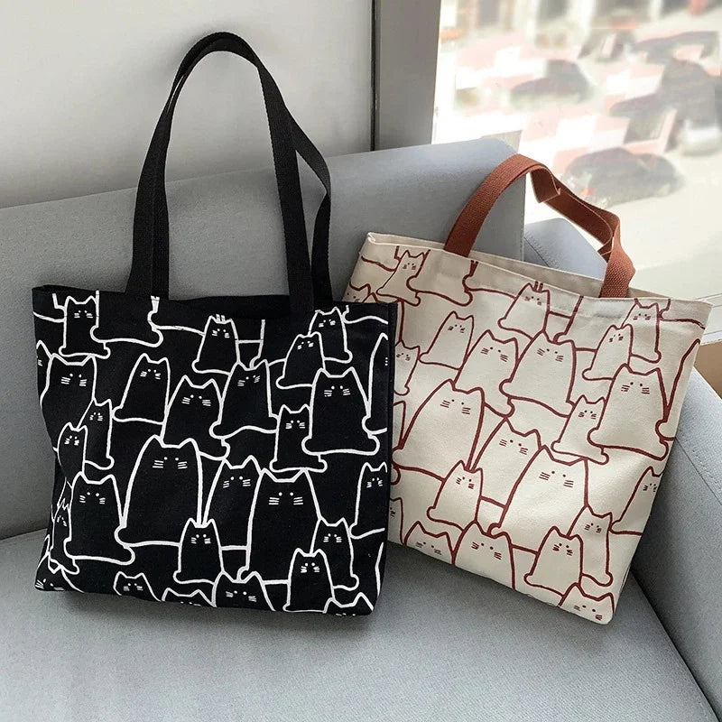 Cute Cat Canvas Tote Bag | Japanese Style Zip Shoulder Bag Canvas Tote Bag Axl