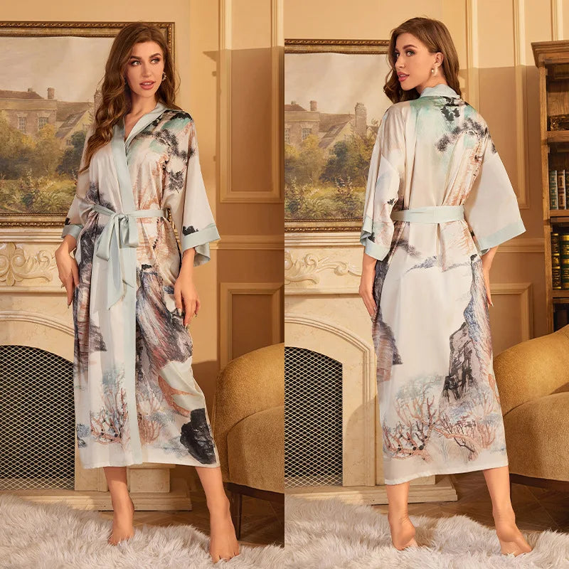 Women's Floral Satin Kimono Robe – Lace-Up Silk Bathrobe Satin Kimono Robe Axl 15 One Size
