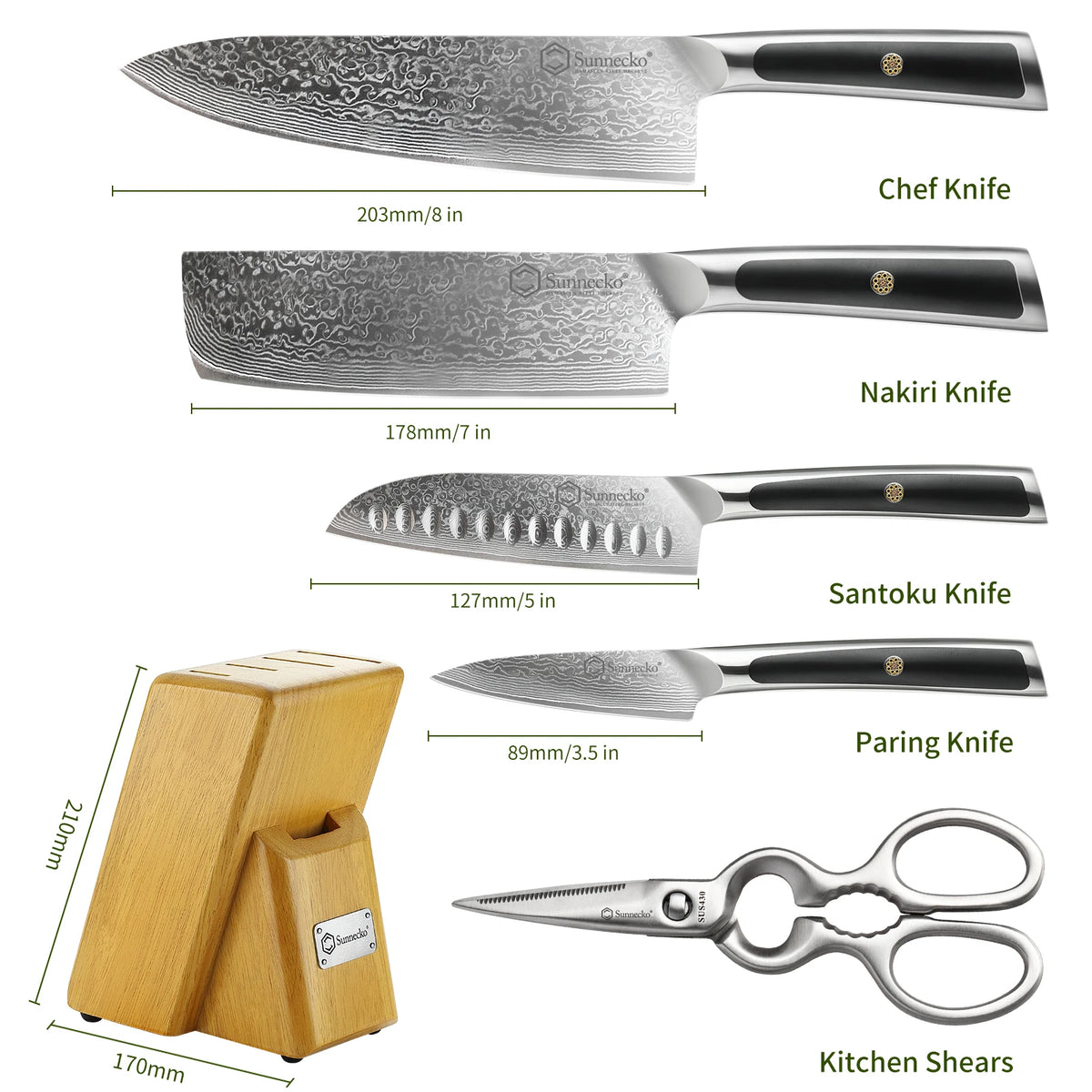 Sunnecko Damascus Kitchen Knife Set | VG10 Core 67-Layer Steel Damascus Kitchen Knife Set Axl 6PCS Set A China Mainland