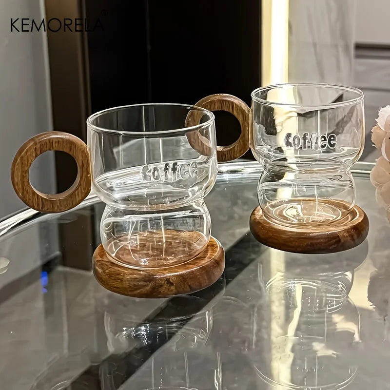 Transparent Glass Coffee Mug with Wooden Handle & Coaster Glass Coffee Mug Axl 2PCS 300ML