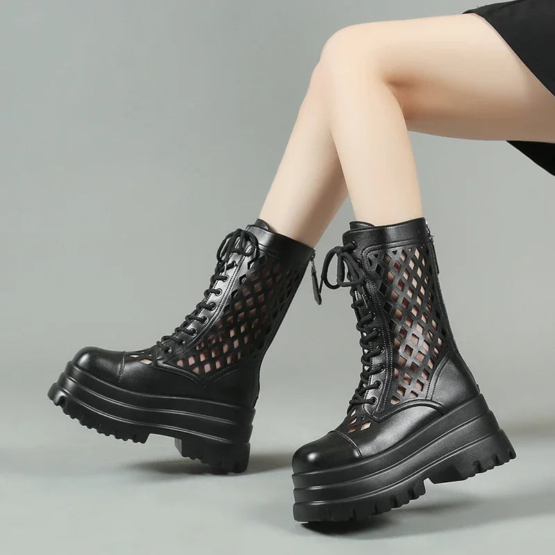 Women's Ankle Platform Wedge Boots – Lace-Up Openwork Style Platform Wedge Boots Axl black 36