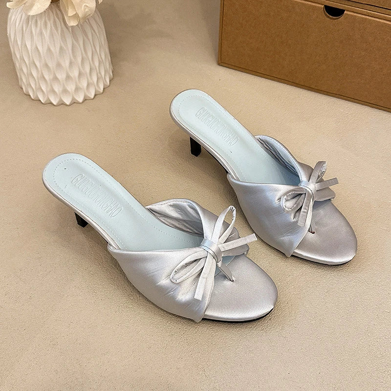 Satin Butterfly-Knot Women's High Heel Slippers | Clip Toe High Heel Slippers Axl LIGHT BLUE 39