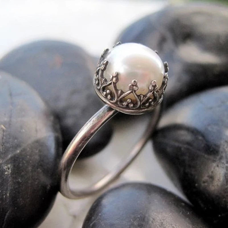 Huitan Vintage Imitation Pearl Ring Women – Antique Silver Fashion Pearl Ring Axl F1761 9