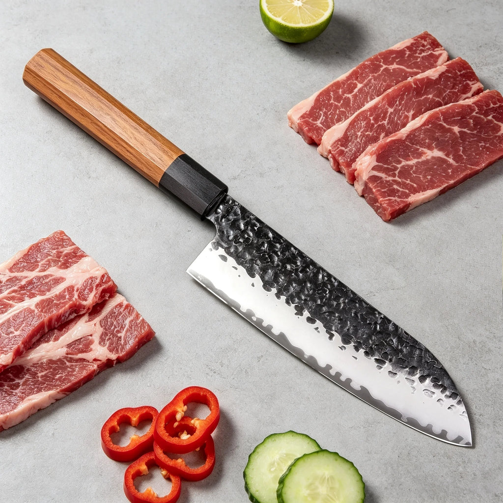 Hand Hammered Japanese Santoku Knife – Stainless Steel & Wood Santoku Chef Knife Axl