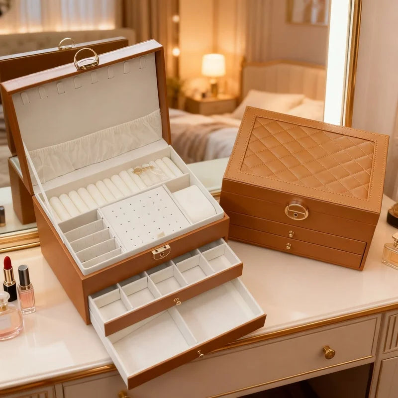 Multi-Layer Drawer Jewelry Organizer – Leather & Velvet Box Jewelry Storage Box Axl
