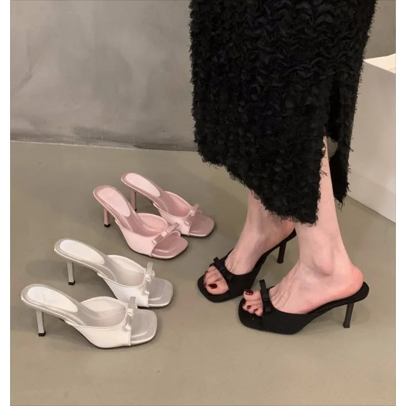 Women's Bow Strappy Mule Sandals | Open Toe Block Heel Mule Sandals Axl