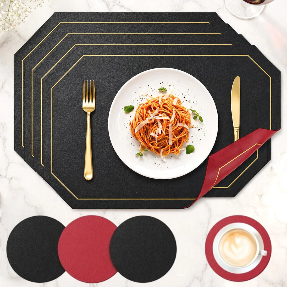 Leeseph PU Leather Placemats & Coasters Set 4 or 8 Pcs Leather Placemat Set Axl
