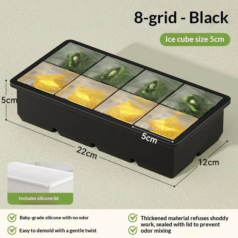 Large Silicone Ice Cube Tray with Leak-Proof Lid | Easy Release Silicone Ice Tray Axl 8 Grids Black
