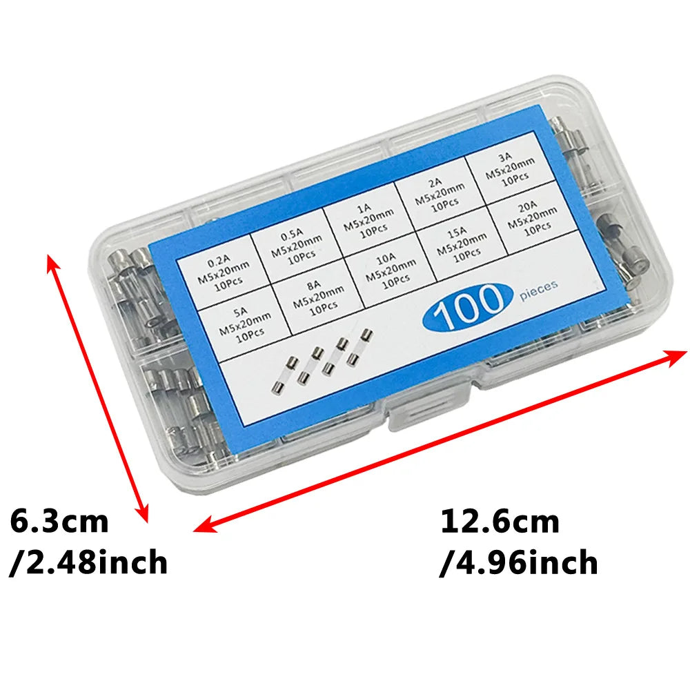 100 Pcs Fast-Blow Glass Fuse Kit 5x20mm 250V – 10 Values Glass Fuse Kit Axl 100PCS 5X20mm