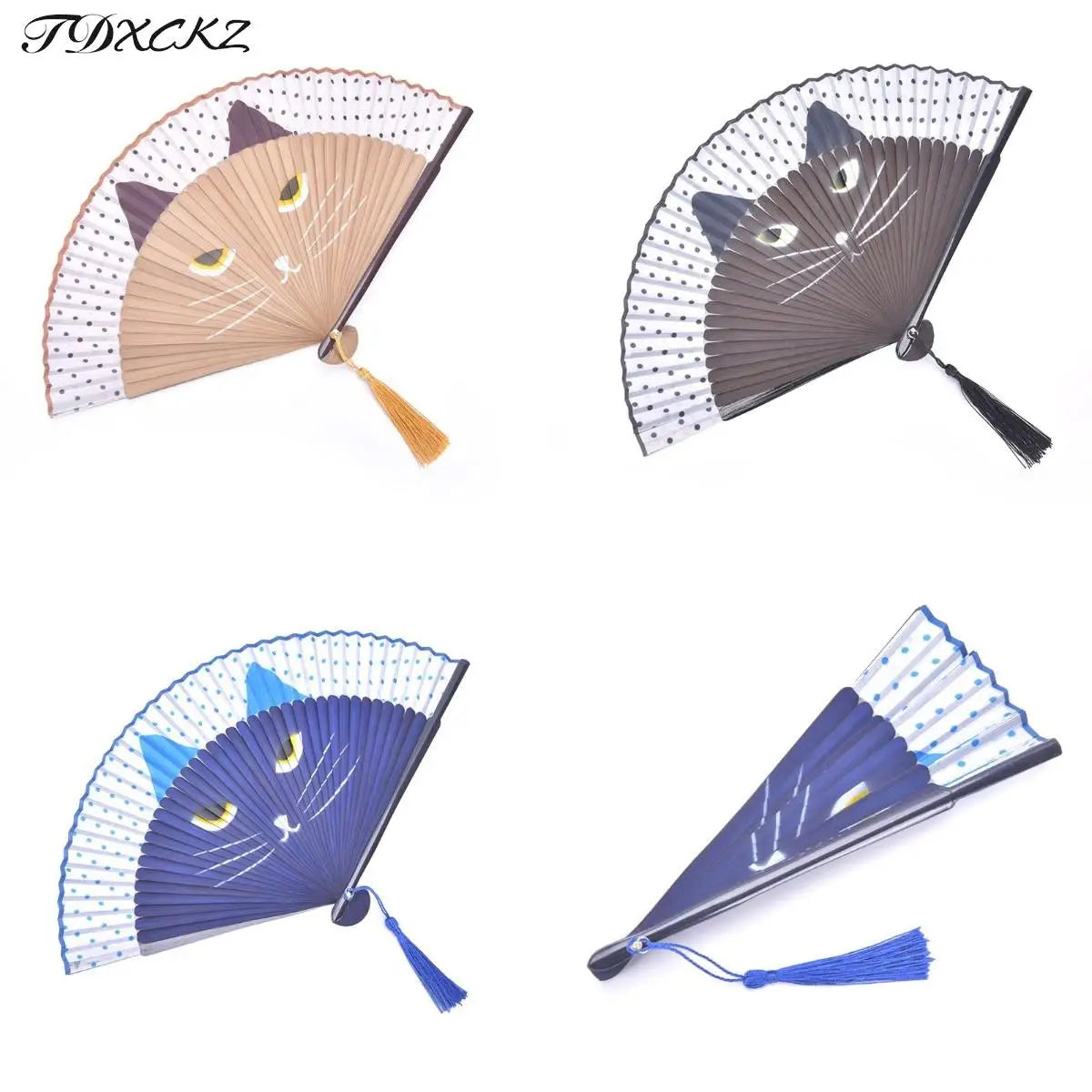 Japanese Silk Folding Hand Fan – Anime Cat Design & Tassel Folding Hand Fan Axl