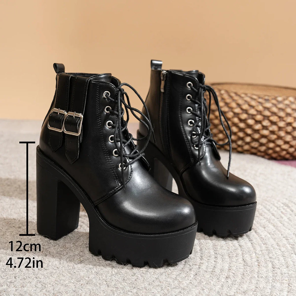Women's Lace-Up Double Buckle High Heel Ankle Boots – Black Women's Ankle Boots Axl