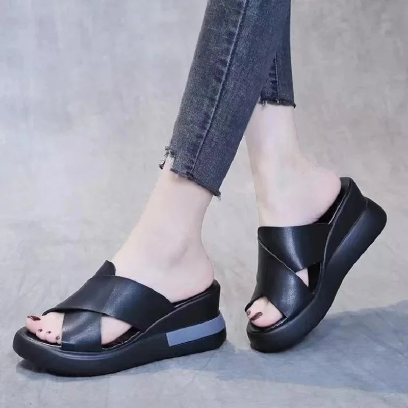 Women's Wedge Sandals – Retro Peep Toe Buckle Beach Shoes Wedge Sandals Axl 609black 40